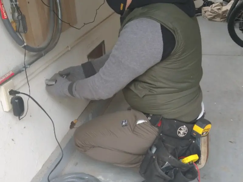 Electrician performing outlet wiring in a Union Springs garage
